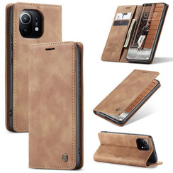 CaseMe - Case for Xiaomi Mi 11 - PU Leather Wallet Case Card Slot Kickstand Magnetic Closure - Light Brown