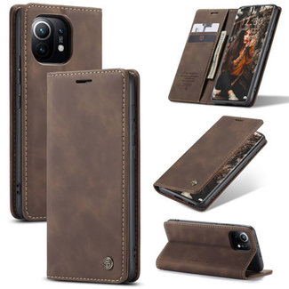 CaseMe CaseMe - Case for Xiaomi Mi 11 - PU Leather Wallet Case Card Slot Kickstand Magnetic Closure - Dark Brown