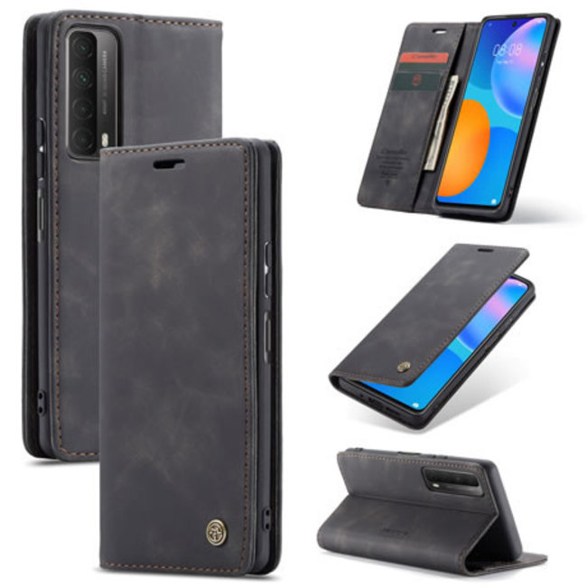 CaseMe - Case forHuawei P Smart 2021 - PU Leather Wallet Case Card Slot Kickstand Magnetic Closure - Black