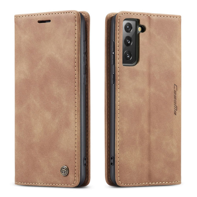 CaseMe - Case for Samsung Galaxy S21 FE - PU Leather Wallet Case Card Slot Kickstand Magnetic Closure - Light Brown