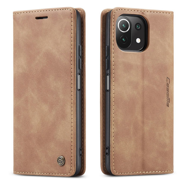 CaseMe - Case for Xiaomi Mi 11 Lite - PU Leather Wallet Case Card Slot Kickstand Magnetic Closure - Light Brown