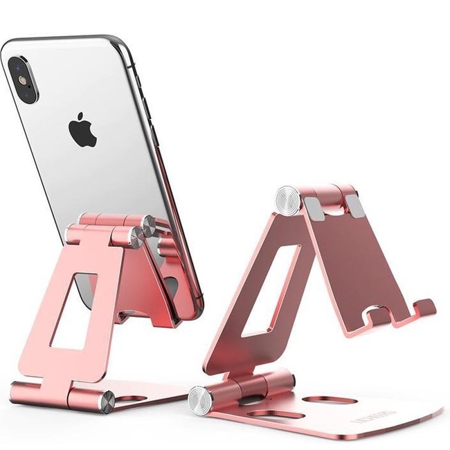 Phone and Tablet holder - Ergonomic design - Foldable - Smartphone stand for Desk or Table - Rose Gold