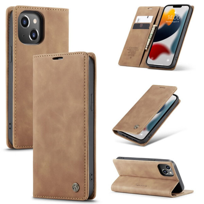 CaseMe - Case for Apple iPhone 13 - PU Leather Wallet Case Card Slot Kickstand Magnetic Closure - Light Brown