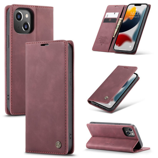 CaseMe - Case for Apple iPhone 13 - PU Leather Wallet Case Card Slot Kickstand Magnetic Closure - Dark Red