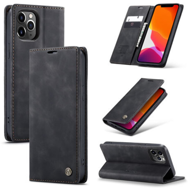 CaseMe - Case for Apple iPhone 13 Pro - PU Leather Wallet Case Card Slot Kickstand Magnetic Closure - Black