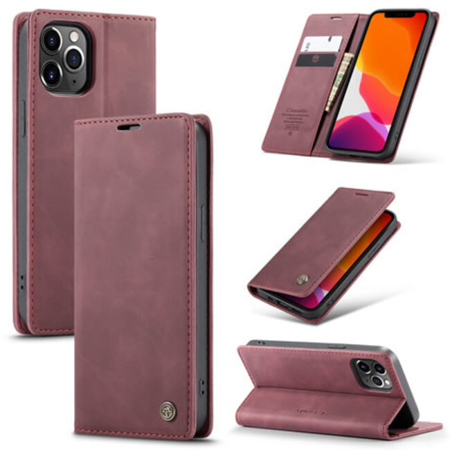 CaseMe - Case for Apple iPhone 13 Pro - PU Leather Wallet Case Card Slot Kickstand Magnetic Closure - Dark Red