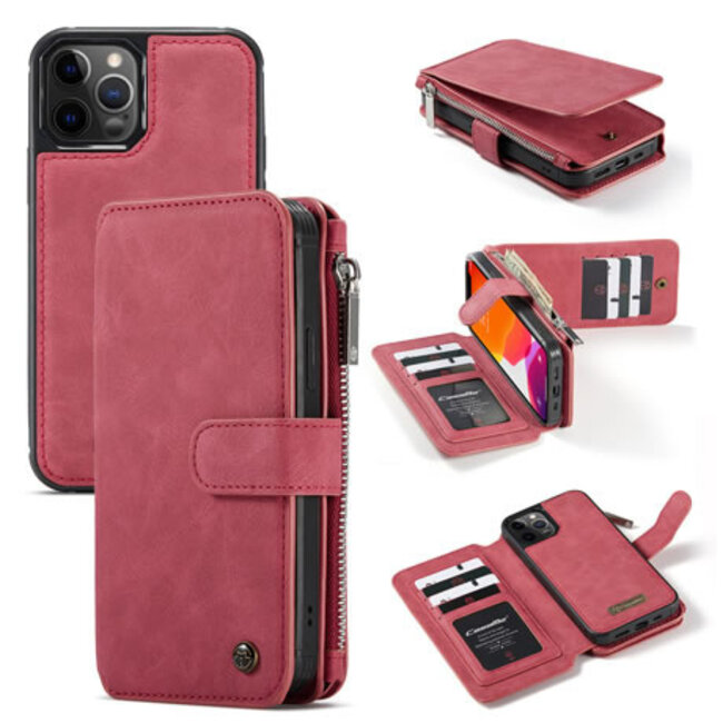 CaseMe - Case for Apple iPhone 13 Pro - Wallet Case with Cardslots and Detachable Flip Zipper Case - Red