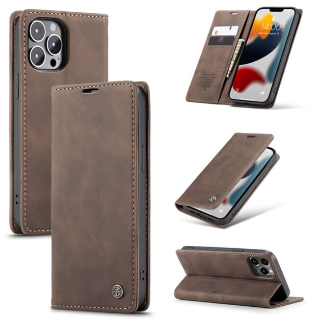 CaseMe - Case for Apple iPhone 13 Pro Max - PU Leather Wallet Case Card Slot Kickstand Magnetic Closure - Dark Brown