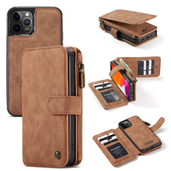 CaseMe - Case for Apple iPhone 13 Pro Max - Wallet Case with Cardslots and Detachable Flip Zipper Case - Brown