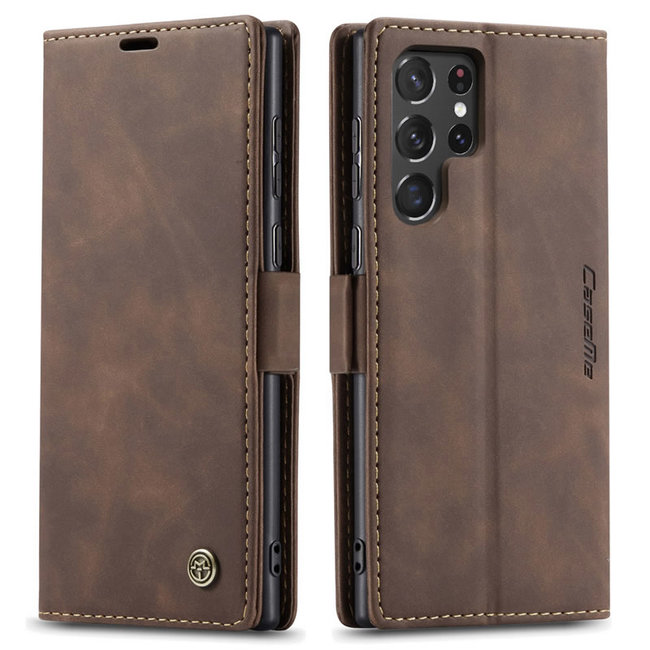 Caseme - Telefoonhoesje geschikt voor Samsung Galaxy S22 Ultra 5G - Retro Wallet Book Case - Magneetsluiting - Donker Bruin