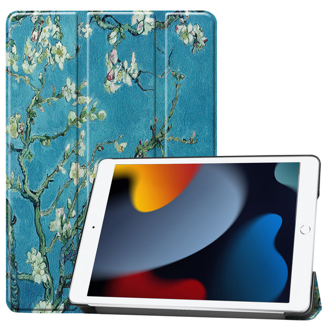 Case2go - Tablet cover suitable for iPad 2021 - 10.2 Inch - Tri-Fold Book Case - White Blossom