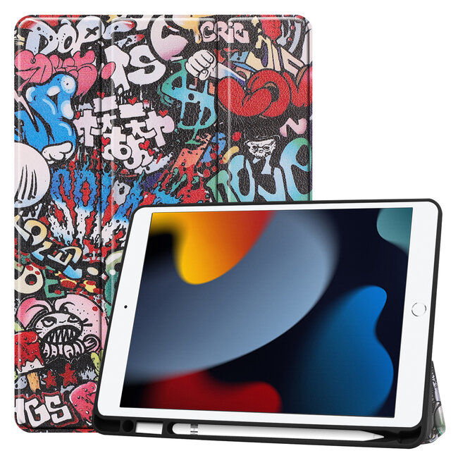 Case2go - Tablet cover suitable for Apple iPad 2021 - 10.2 inch - Tri-Fold Book Case - Apple Pencil Holder - Graffiti