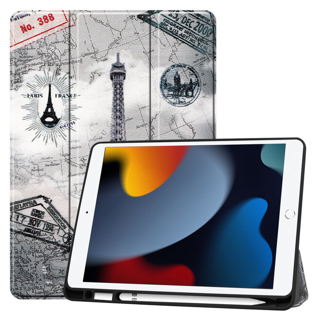 Case2go - Tablet cover suitable for Apple iPad 2021 - 10.2 inch - Tri-Fold Book Case - Apple Pencil Holder - Eiffel Tower