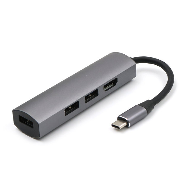 USB-C naar USB Splitter &amp; HDMI Adapter USB Hub 3.0 - 4 Poorten - 4K- USB-C aansluiting - Aluminium - Grijs