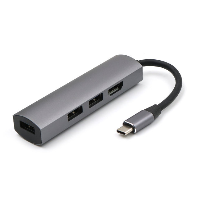 USB-C naar USB Splitter & HDMI Adapter USB Hub 3.0 - 4 Poorten - 4K- USB-C aansluiting - Aluminium - Grijs