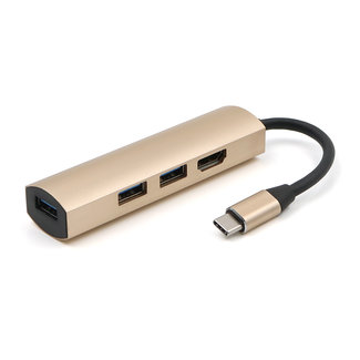 USB-C naar USB Splitter &amp; HDMI Adapter USB Hub 3.0 - 4 Poorten - 4K- USB-C aansluiting - Aluminium - Goud