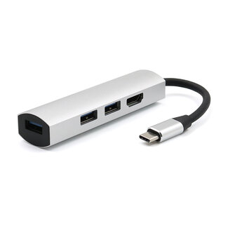 USB-C naar USB Splitter &amp; HDMI Adapter USB Hub 3.0 - 4 Poorten - 4K- USB-C aansluiting - Aluminium - Zilver