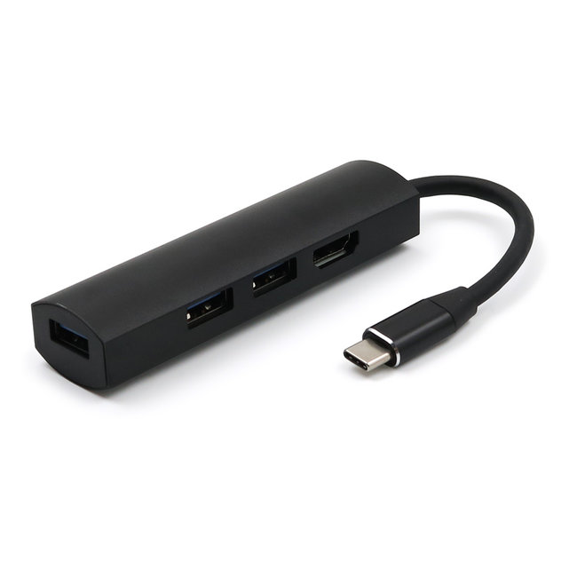 USB-C naar USB Splitter &amp; HDMI Adapter USB Hub 3.0 - 4 Poorten - 4K- USB-C aansluiting - Aluminium - Zwart