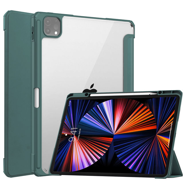 Case2go - Case for iPad Pro 2021 (12.9 Inch) - Tri-fold Back Cover - With Pencil Holder- Dark Green