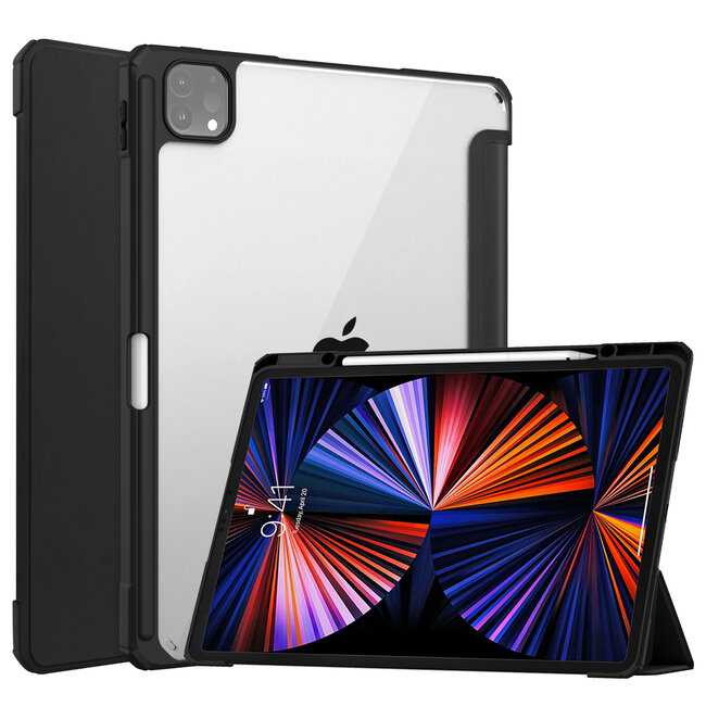 Case2go - Case for iPad Pro 2021 (12.9 Inch) - Tri-fold Back Cover - With Pencil Holder- Black