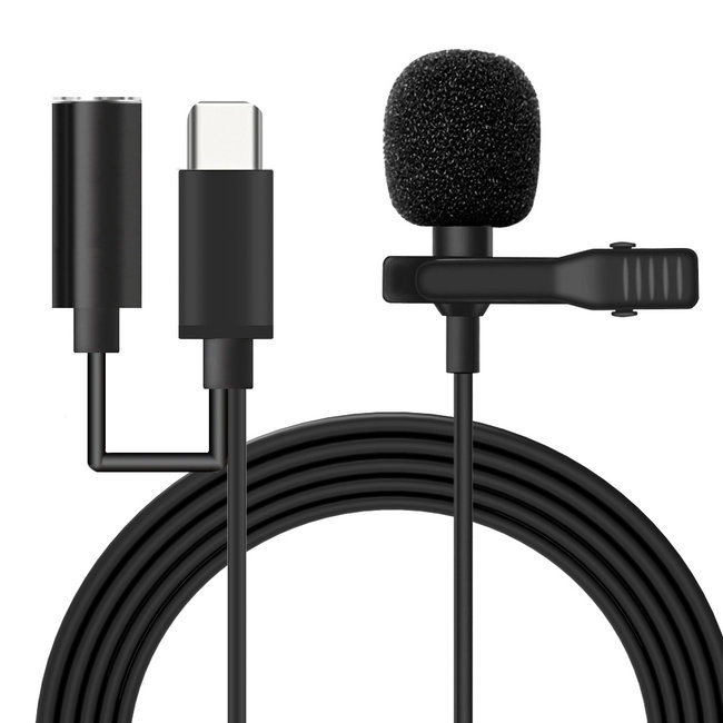 Professional microphone for iPhone, iPad - Lavalier Clip On system - With headphone jack - Lightning Connection - 1.5 meter cable - Black