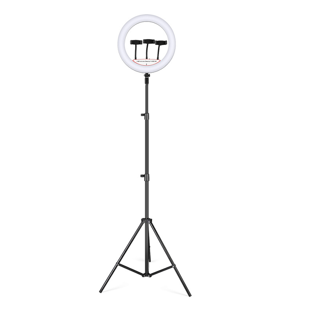 Ringlamp with Tripod for 3 Smartphones - Rotatable Ringlight with Tripod 14 inch / 36 cm - Dimable Ringlamp - Adjustable Ring Lamp in Height up to 200 cm