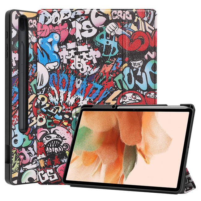 Case2go - Case for Samsung Galaxy Tab S7 FE - Slim Tri-Fold Book Case - Lightweight Smart Cover with Pencil holder - Graffiti