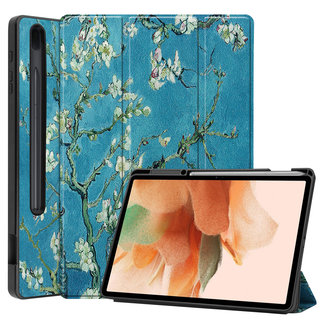 Cover2day Samsung Galaxy Tab S7 FE Hoes - 12.4 inch - Tri-Fold Book Case - Met Pencil Houder - Witte Bloesem