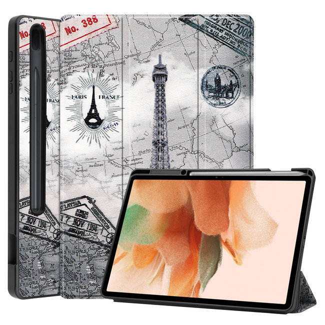 Case2go - Case for Samsung Galaxy Tab S7 FE - Slim Tri-Fold Book Case - Lightweight Smart Cover with Pencil holder - Eiffel Tower