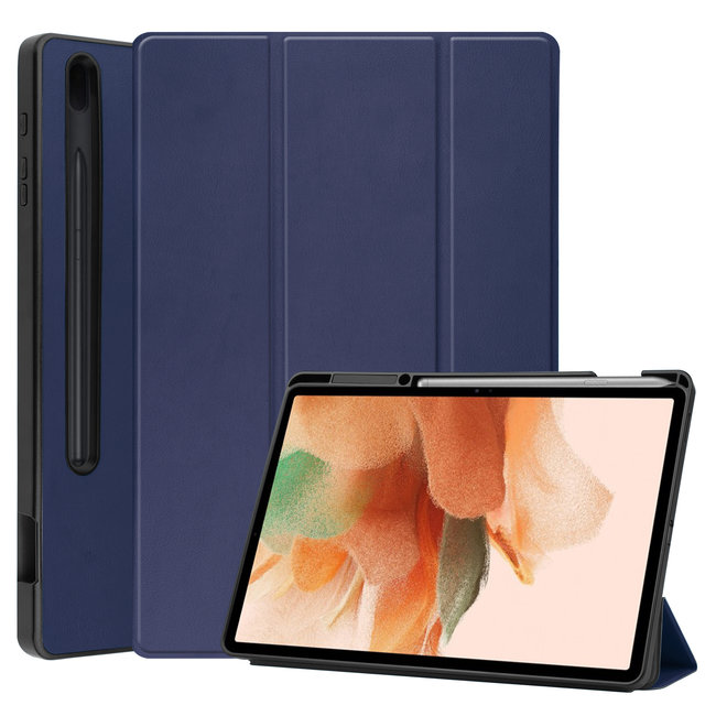 Case2go - Case for Samsung Galaxy Tab S7 FE - Slim Tri-Fold Book Case - Lightweight Smart Cover with Pencil holder - Dark Blue