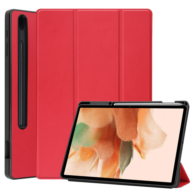 Case2go - Case for Samsung Galaxy Tab S7 FE - Slim Tri-Fold Book Case - Lightweight Smart Cover with Pencil holder - Red