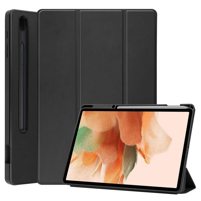 Case2go - Case for Samsung Galaxy Tab S7 FE - Slim Tri-Fold Book Case - Lightweight Smart Cover with Pencil holder - Black