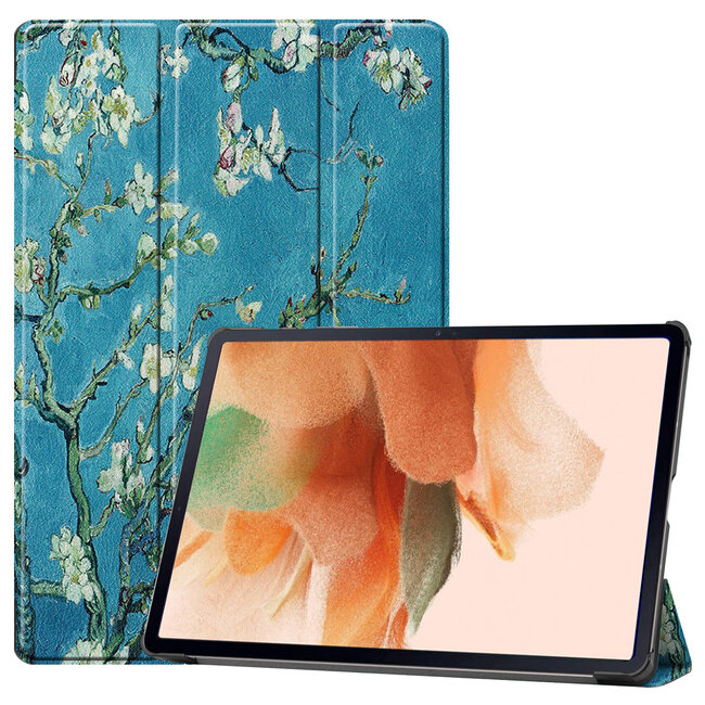 Case2go - Case for Samsung Galaxy Tab S7 FE - Slim Tri-Fold Book Case - Lightweight Smart Cover - White Blossom
