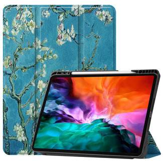 Cover2day Case2go - Case for iPad Pro 12.9 (2021) - Slim Tri-Fold Book Case - Lightweight Smart Cover with Pencil holder - White Blossom