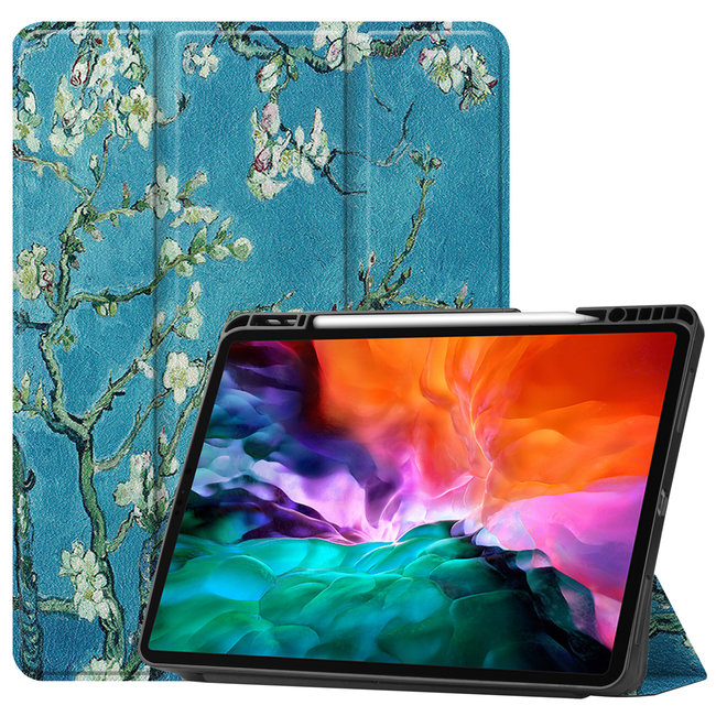 Case2go - Case for iPad Pro 12.9 (2021) - Slim Tri-Fold Book Case - Lightweight Smart Cover with Pencil holder - White Blossom