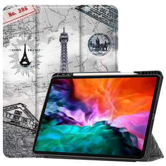 Cover2day Case2go - Case for iPad Pro 12.9 (2021) - Slim Tri-Fold Book Case - Lightweight Smart Cover with Pencil holder - Eiffel Tower