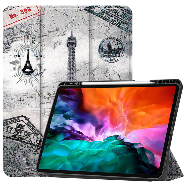 Case2go - Case for iPad Pro 12.9 (2021) - Slim Tri-Fold Book Case - Lightweight Smart Cover with Pencil holder - Eiffel Tower