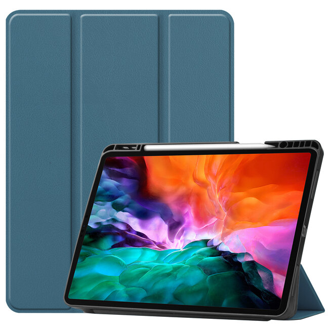 Case2go - Case for iPad Pro 12.9 (2021) - Slim Tri-Fold Book Case - Lightweight Smart Cover with Pencil holder - Navy Blue