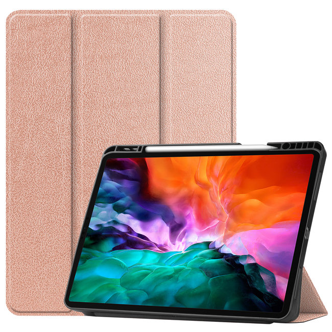 Case2go - Case for iPad Pro 12.9 (2021) - Slim Tri-Fold Book Case - Lightweight Smart Cover with Pencil holder - Rose Gold