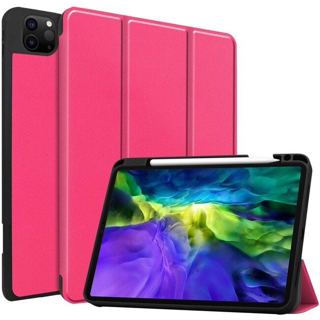 Case2go - Case for iPad Pro 11 (2021) - Slim Tri-Fold Book Case - Lightweight Smart Cover with Pencil Holder - Hot Pink