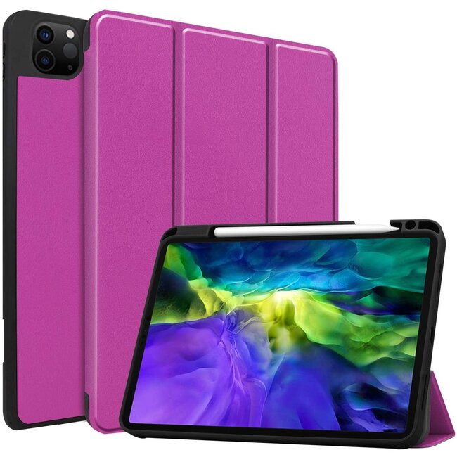 Case2go - Case for iPad Pro 11 (2021) - Slim Tri-Fold Book Case - Lightweight Smart Cover with Pencil Holder - Purple