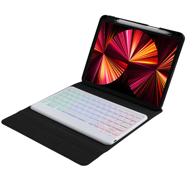 Tablet Toetsenbord Hoes met Verlichting geschikt voor Apple iPad Air 2022 / 2020 - iPad Air 10.9 inch - Met Draadloos Bluetooth Keyboard en Stylus pen houder - Wit