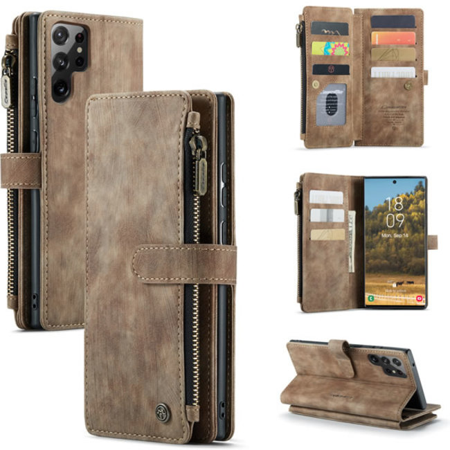 Hoesje geschikt voor Samsung Galaxy S22 Ultra 5G - Wallet Book Case - met Rits en Magneetsluiting - met RFID bescherming - Bruin