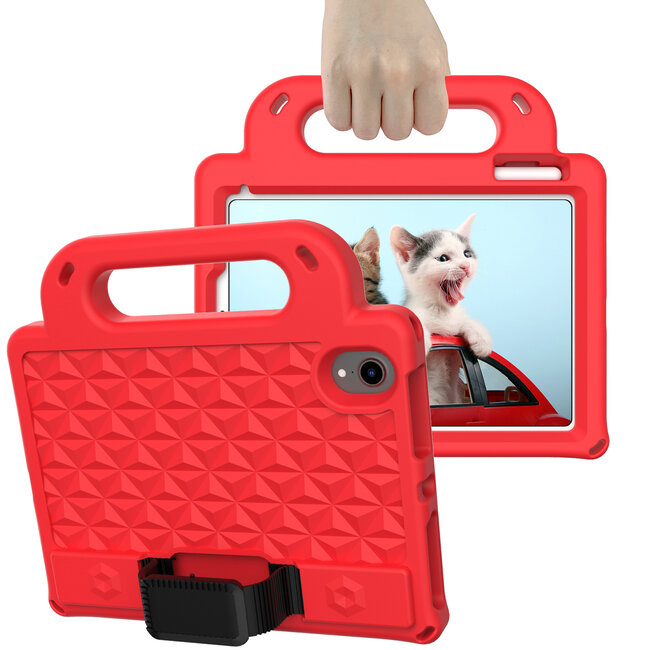 Tablet hoes geschikt voor iPad Mini 6 (2021) - Schokbestendige case met handvaten - Diamond Kids Cover met schouderriem - Rood