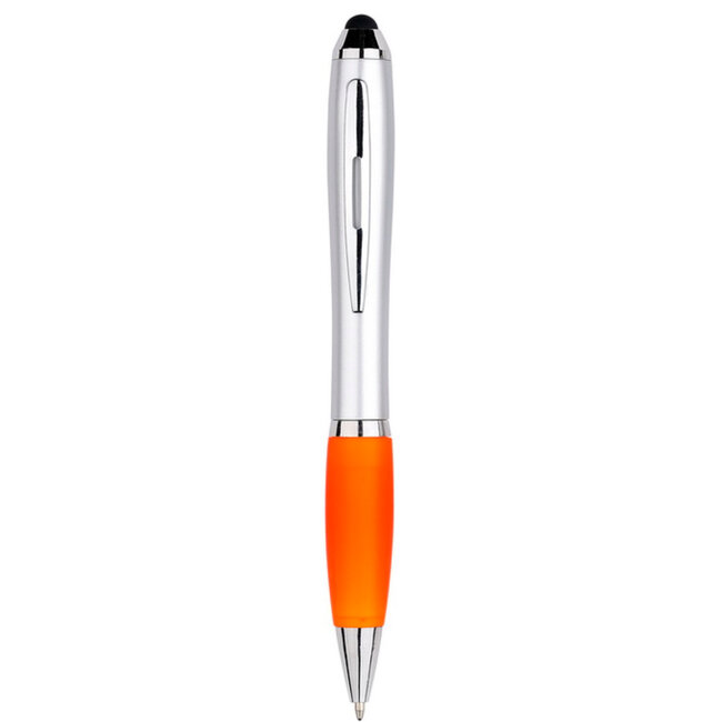 1 Pen - Stylus en balpen in één - Geschikt voor Tablet / Smartphone - Universeel en met clip - Zilver / Oranje