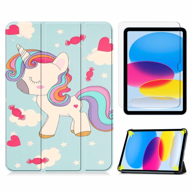 Tablethoes en Screenprotector geschikt voor Apple iPad 10 10.9 (2022) - Tri-fold hoes met Auto/Wake functie en Magnetische sluiting - Eenhoorn