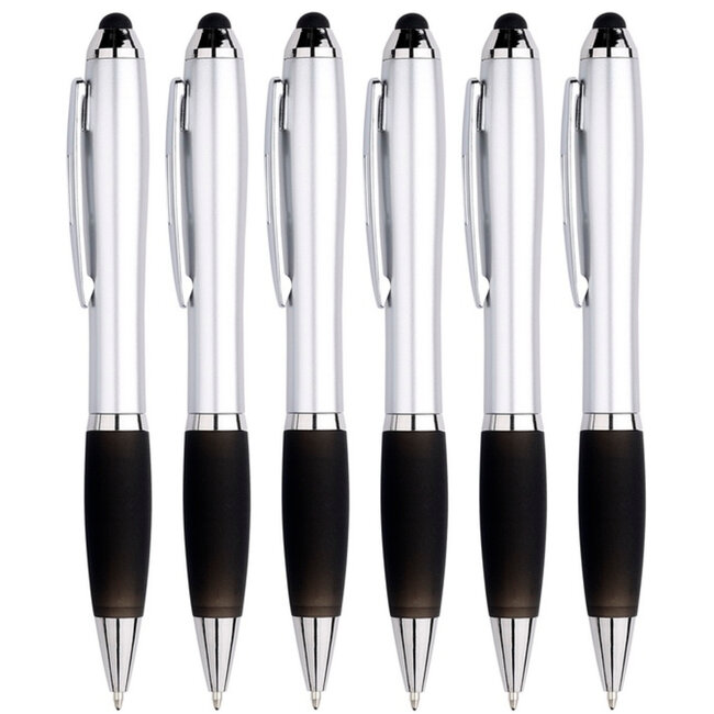 6 Pennen - Stylus en balpen in één - Geschikt voor Tablet / Smartphone - Universeel en met clip - Zilver / Zwart