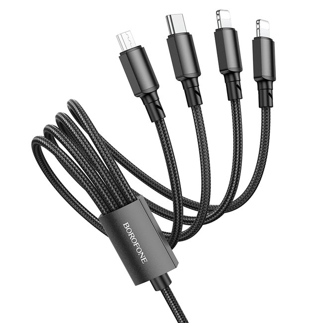 Borofone - 4 in 1 oplaadkabel - USB naar USB-C, Micro USB en 2x Lightning - 1 meter - 2A - Zwart