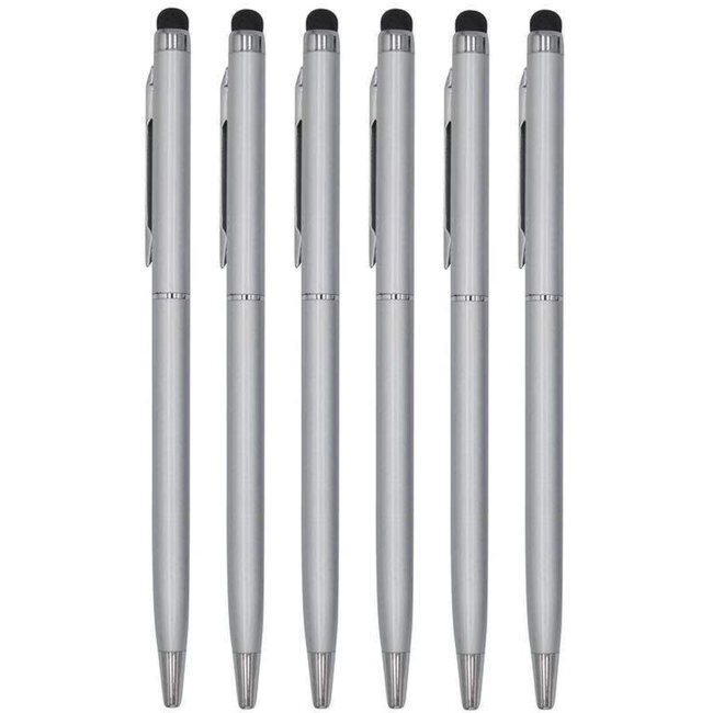 6 Stuks - Balpen en Touch Pen - 2 in 1 Stylus Pen voor smartphone en tablet - Metaal - Zilver