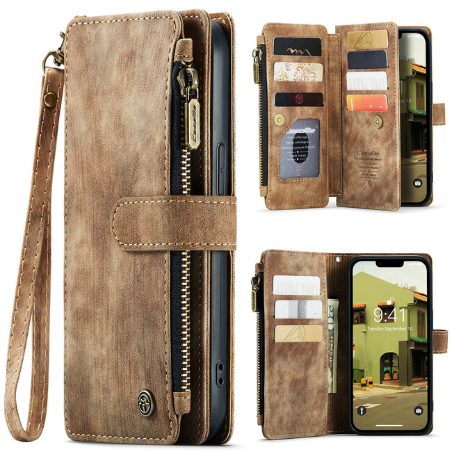 CaseMe - Hoesje geschikt voor iPhone 15 Plus - Vintage Wallet Book Case Ritssluiting - Met Magneetsluiting - Bruin